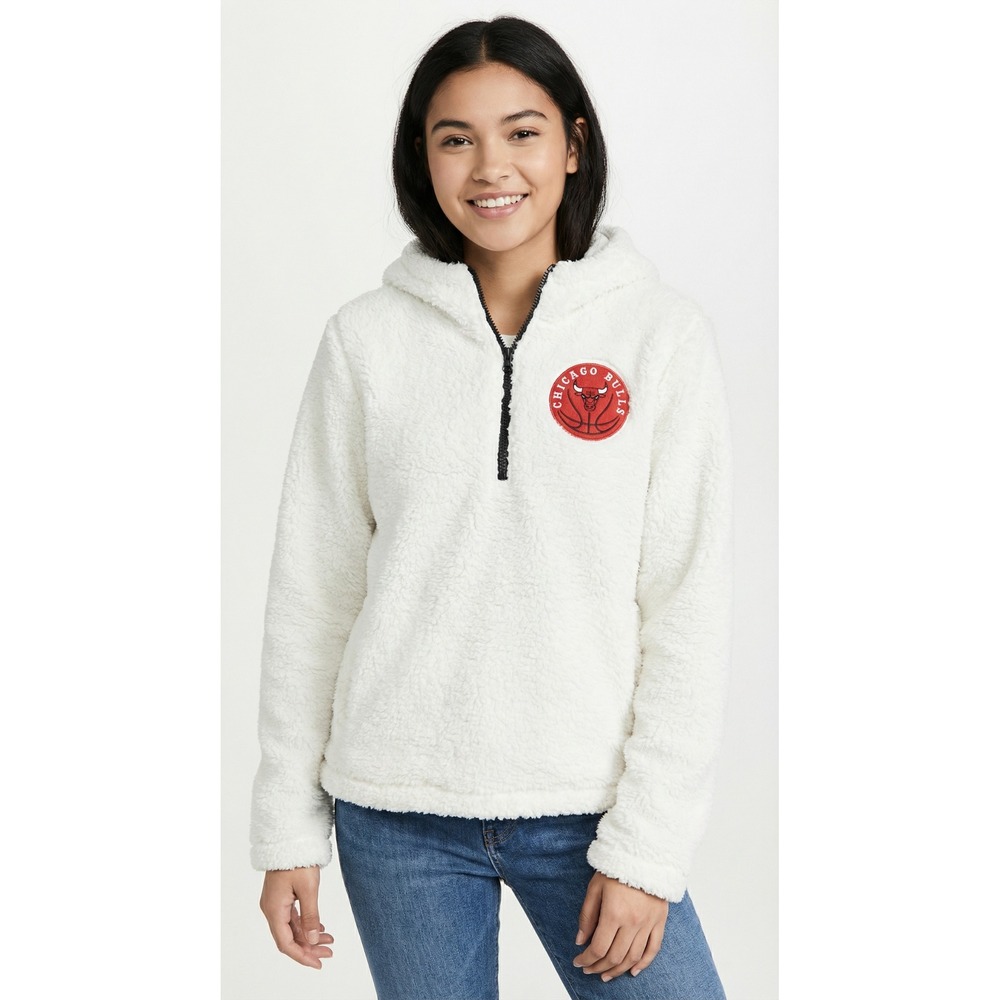 Womens Sweater NBA Chicago Bulls Ivory Fuzzy Fleece Sherpa Half Zip Hoodie Sz M